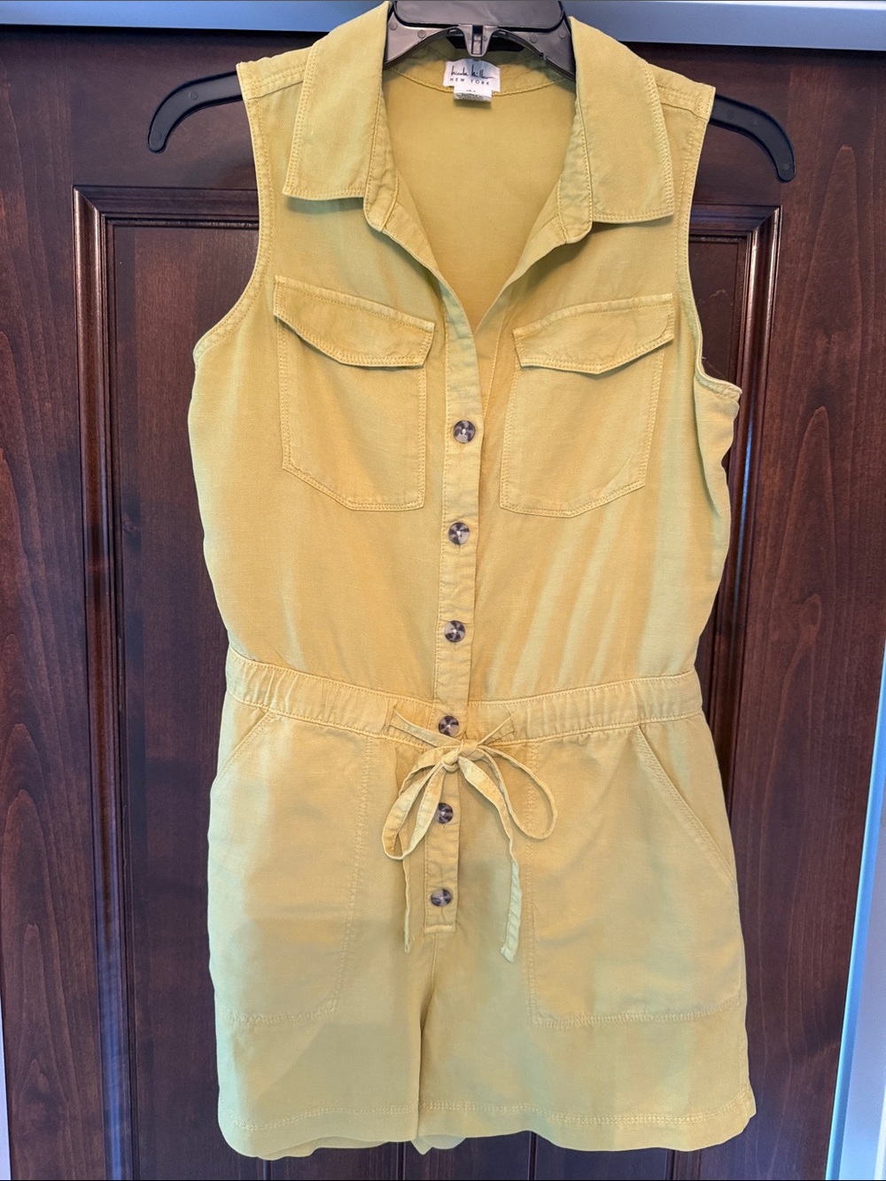 Nicole Miller Sleeveless Button-Front Romper in Mustard Yellow
